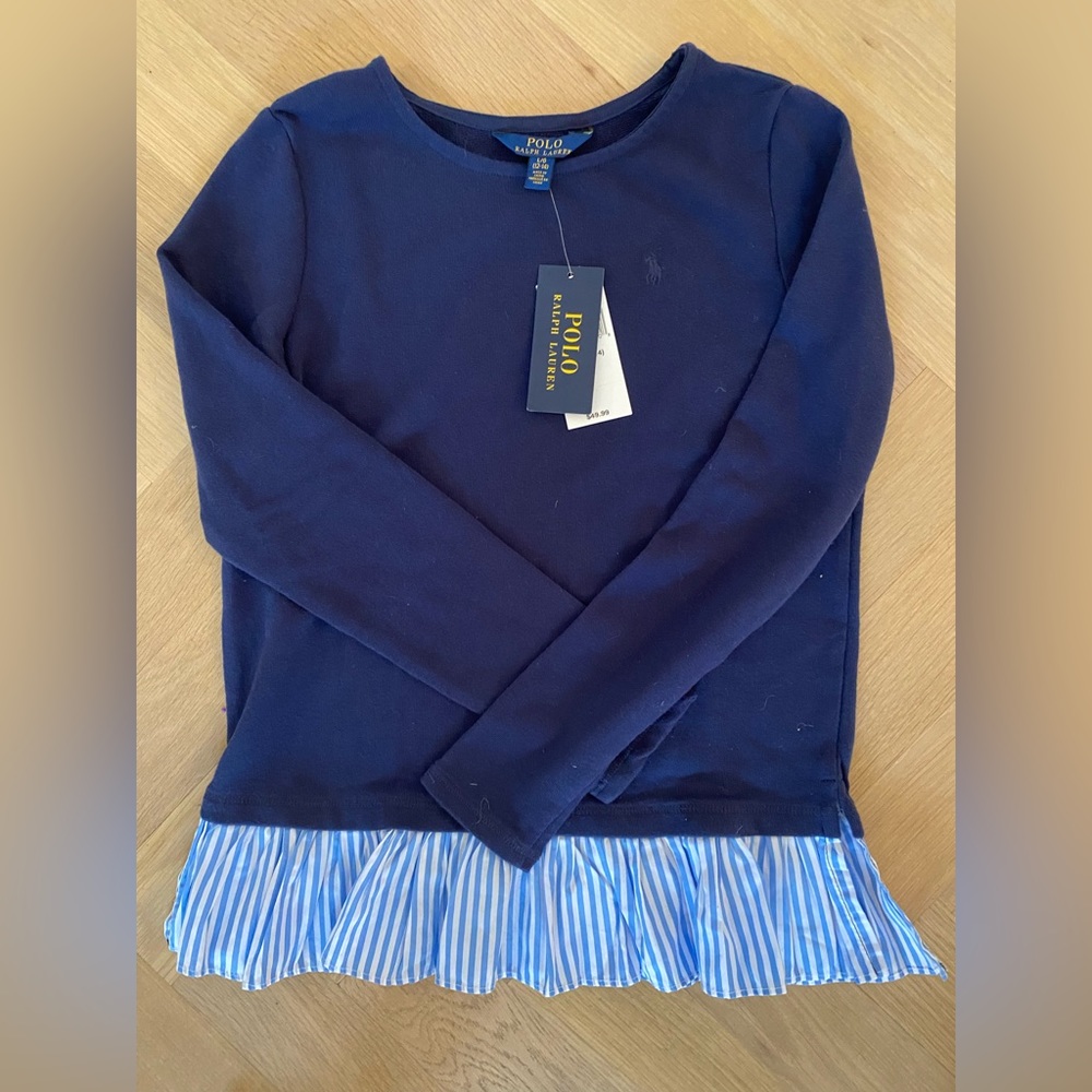 Ralph Lauren Navy Girls Sweatshirt with attached ruffle